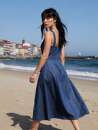 Denim Square-Neck Midi Dress