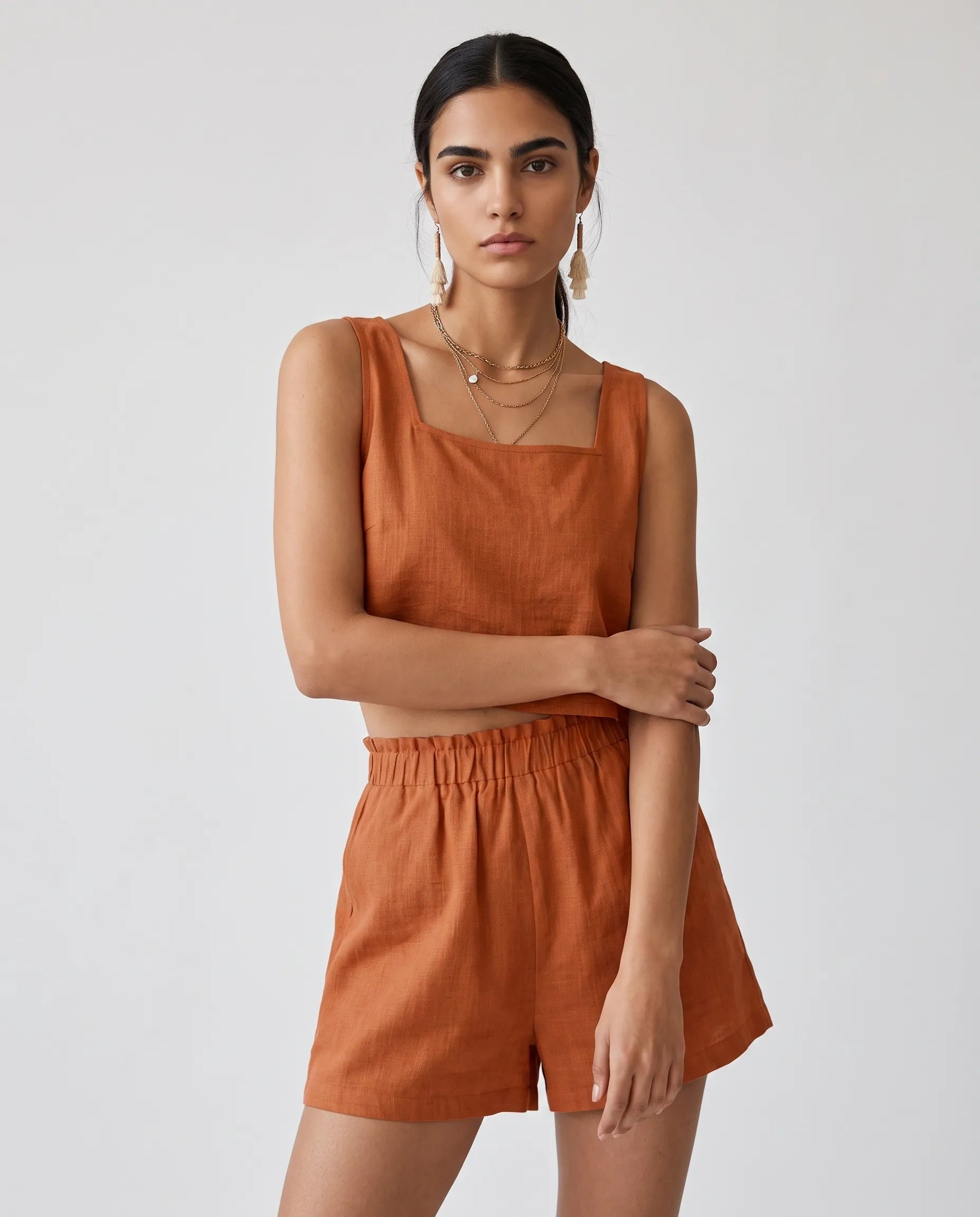 Linen Square-Neck Crop Top & Shorts Set