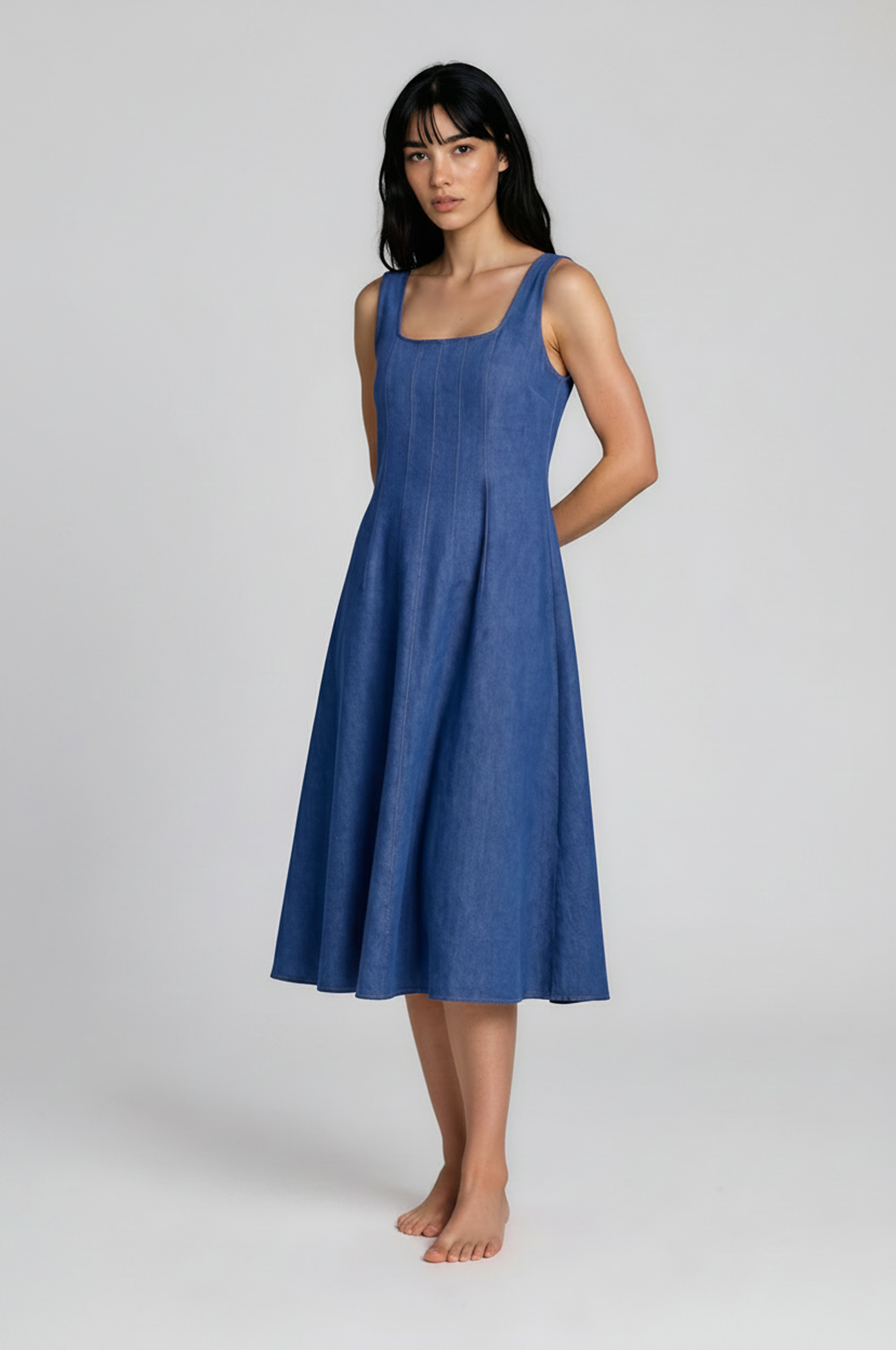 Denim Square-Neck Midi Dress