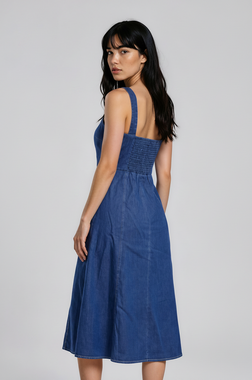 Denim Square-Neck Midi Dress
