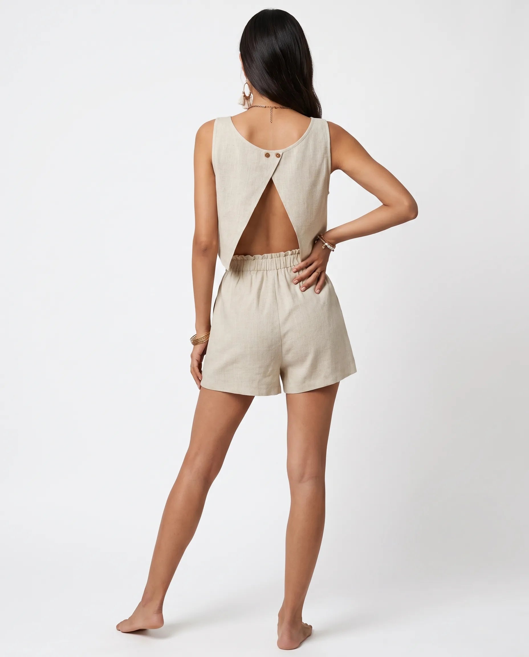 Linen Square-Neck Crop Top & Shorts Set