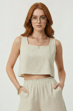 Linen Square-Neck Crop Top & Shorts Set