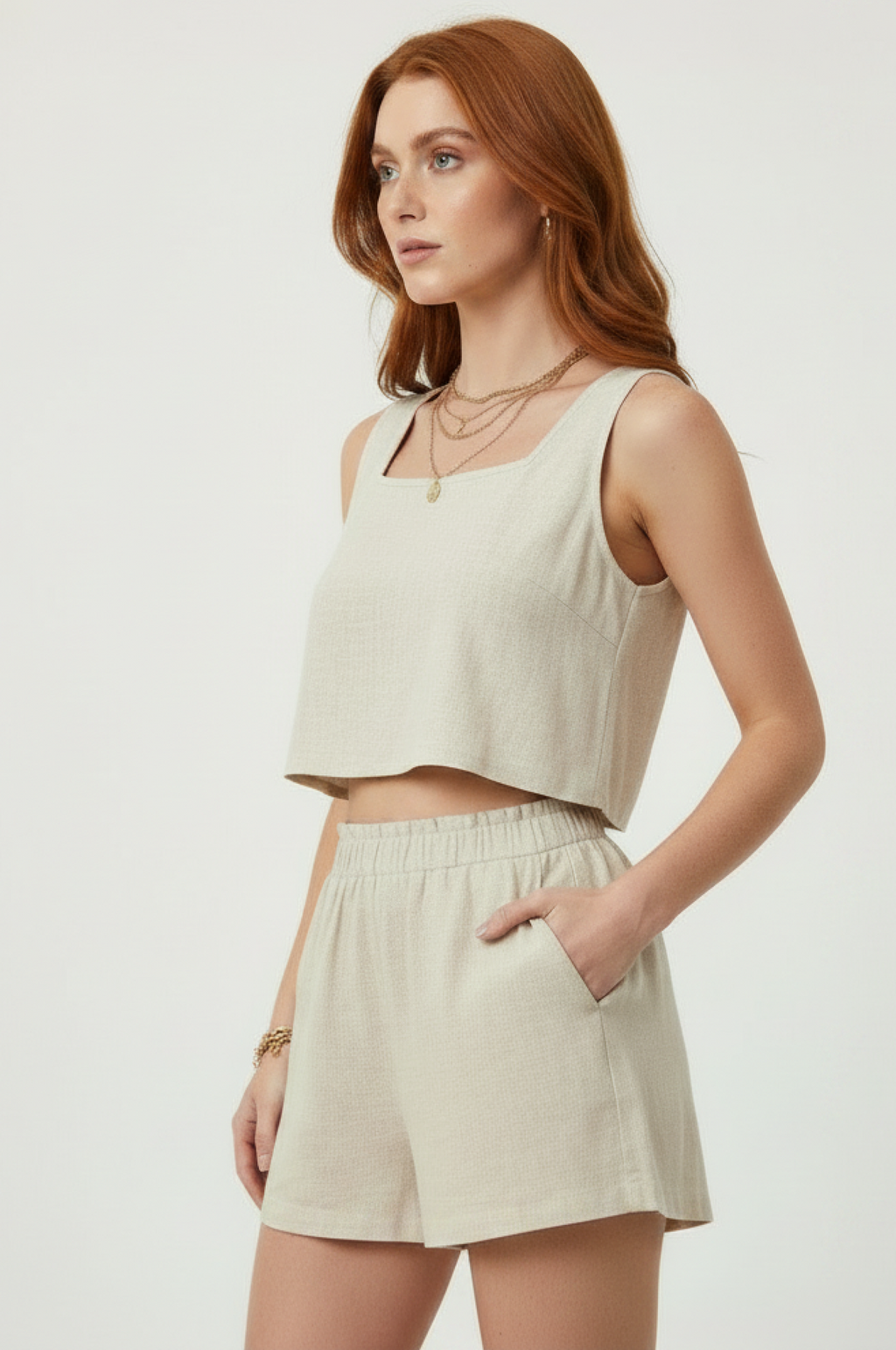 Linen Square-Neck Crop Top & Shorts Set