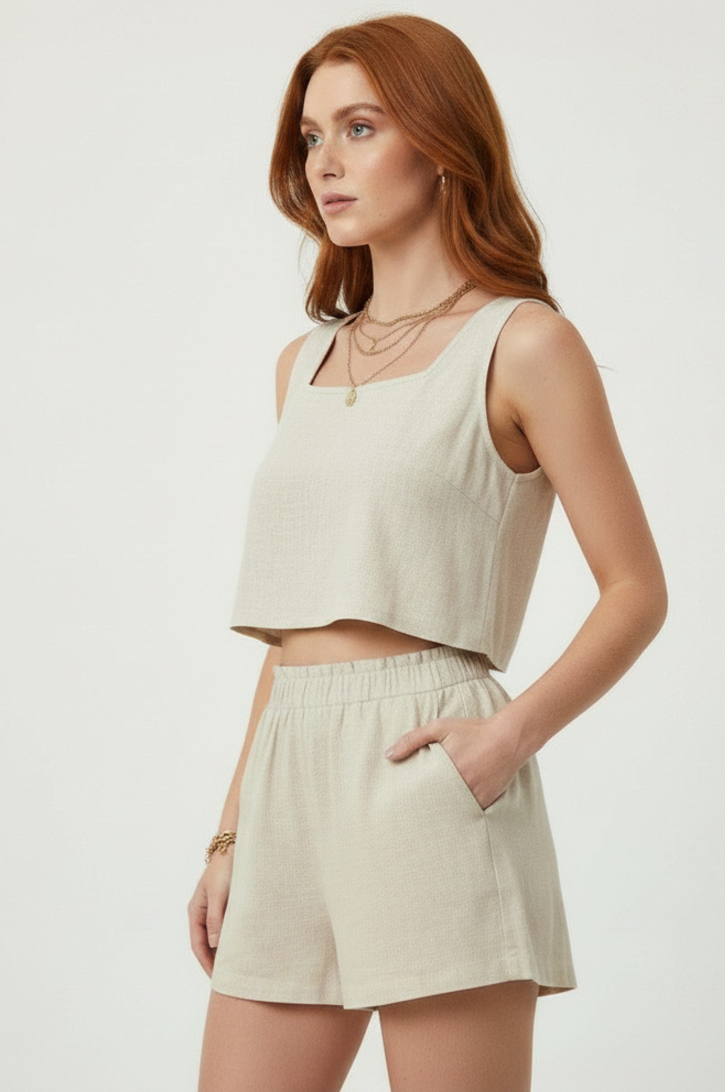 Linen Square-Neck Crop Top & Shorts Set
