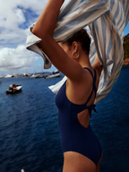 Deep-V Drawstring One-Piece Swimsuit